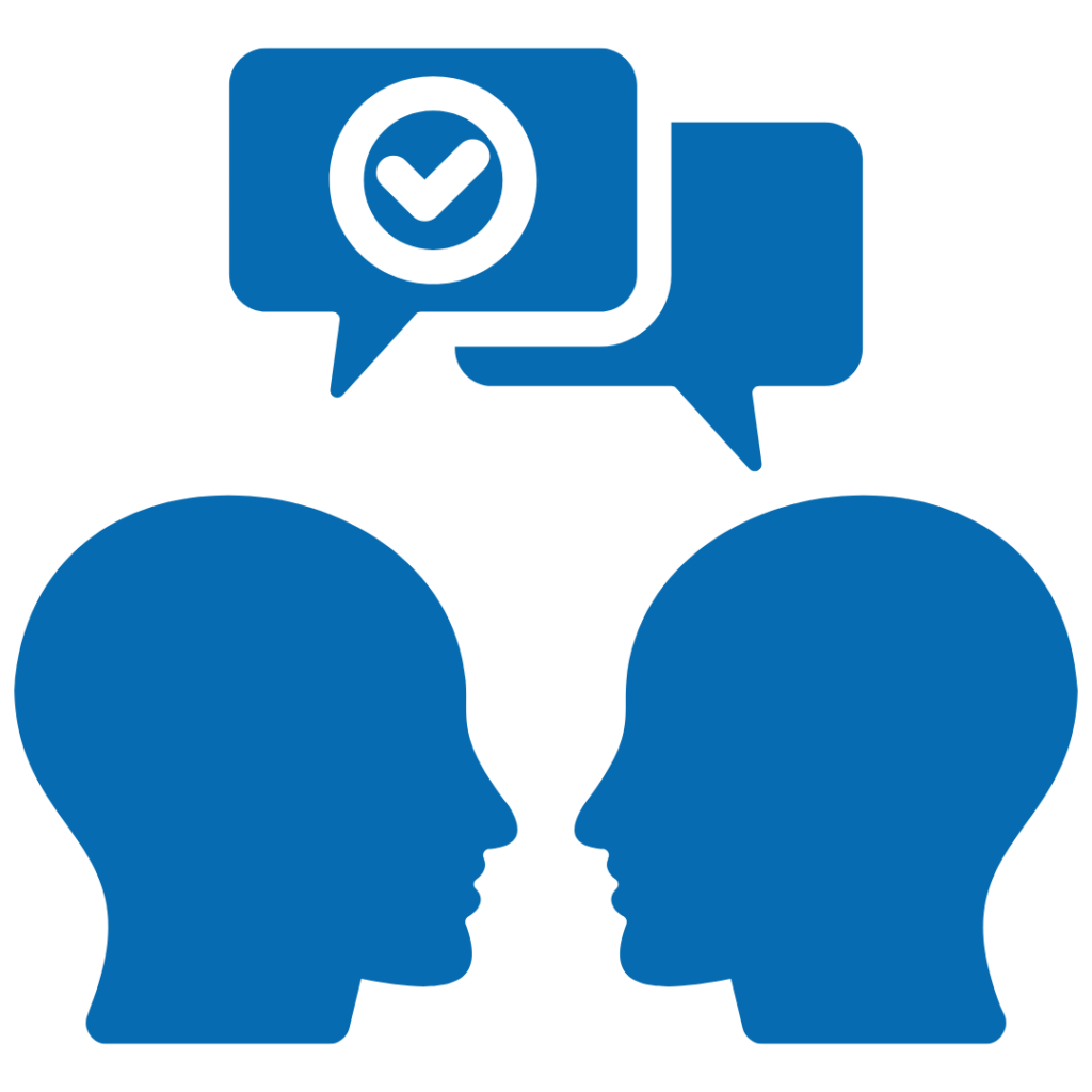 Icon of two people facing each other. Speech bubbles show that they're talking to each other in a positive way, as indicated by an "OK" symbol