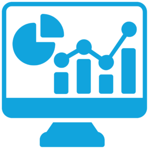 Icon of computer screen with a graph or chart, indicating research