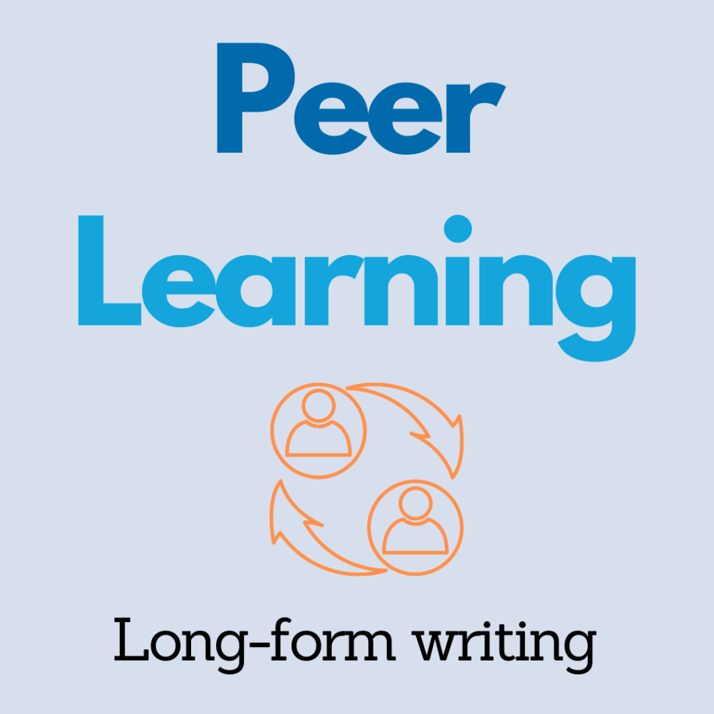 Peer learning, long-form writing, showing two people with arrows circling between them to symbolize exchange